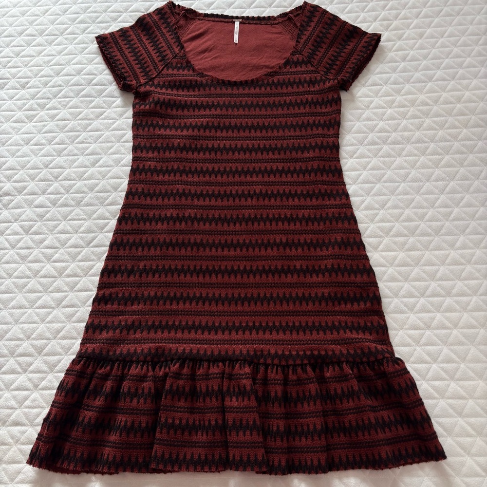 Free People Cozy Day Copper Black Knit Sweater Women’s Mini Dress Sz M Ruffles